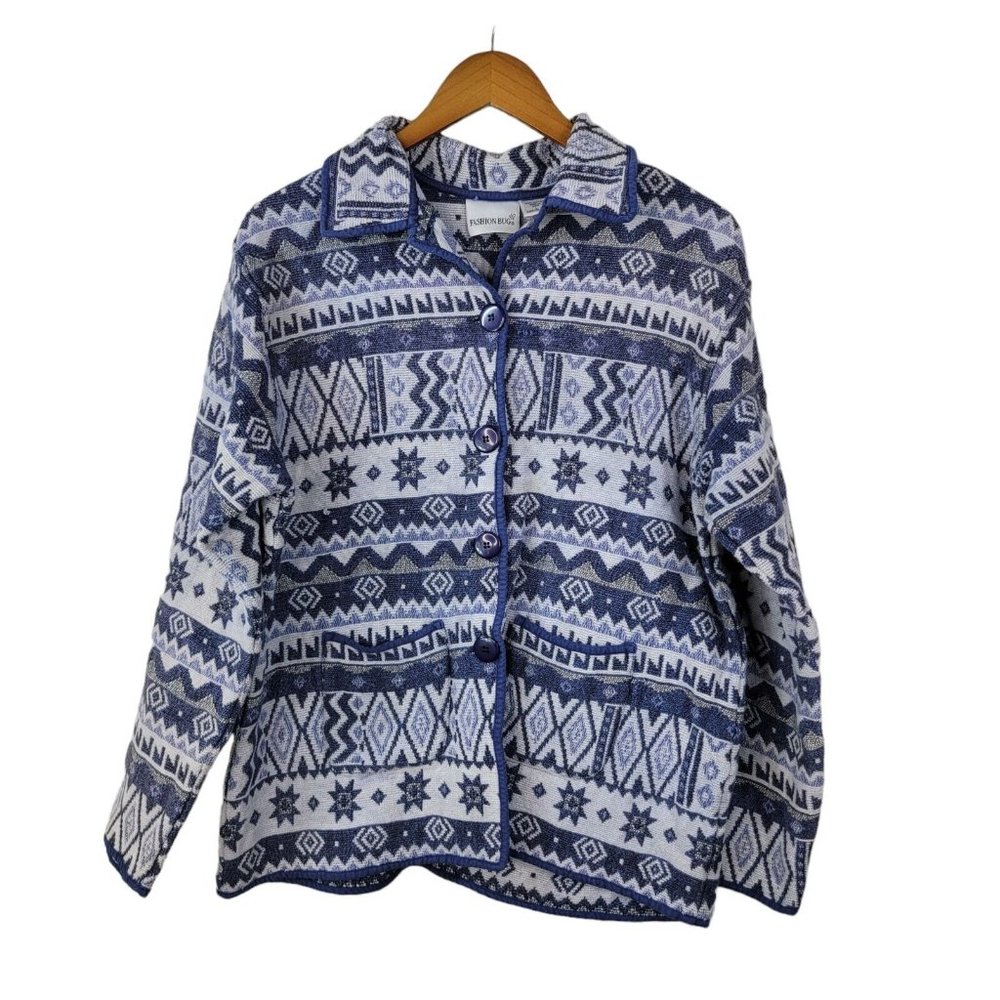 Vintage Tapestry Jacket size Large Blazer Coat Geometric Aztec print Blue Button